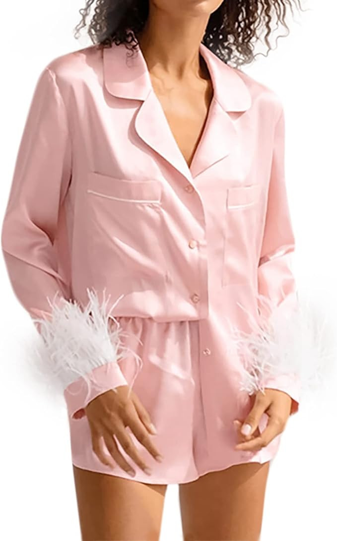 Womens Feather Trim Pajamas Set of 2 Button Up Long Sleeve Satin Blouse Shirt Shorts Sleepwear | Amazon (US)