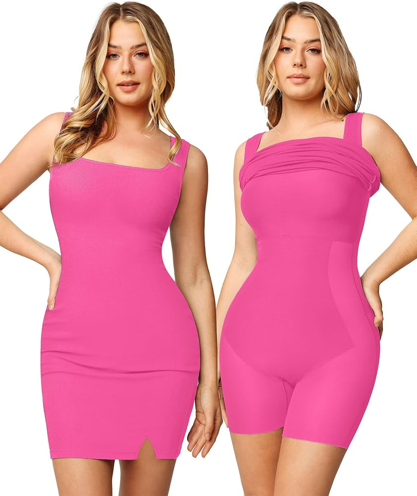Popilush The Shapewear Dress Mini Slit Built in Shapewear Bra 8 in 1 Square Neck Bodycon Summer D... | Amazon (US)