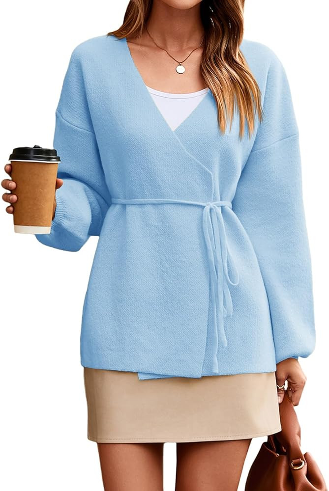 Saodimallsu Womens Wrap V Neck Cardigan Sweaters Tie Front Long Sleeve Soft Knit Dressy Work Fall... | Amazon (US)