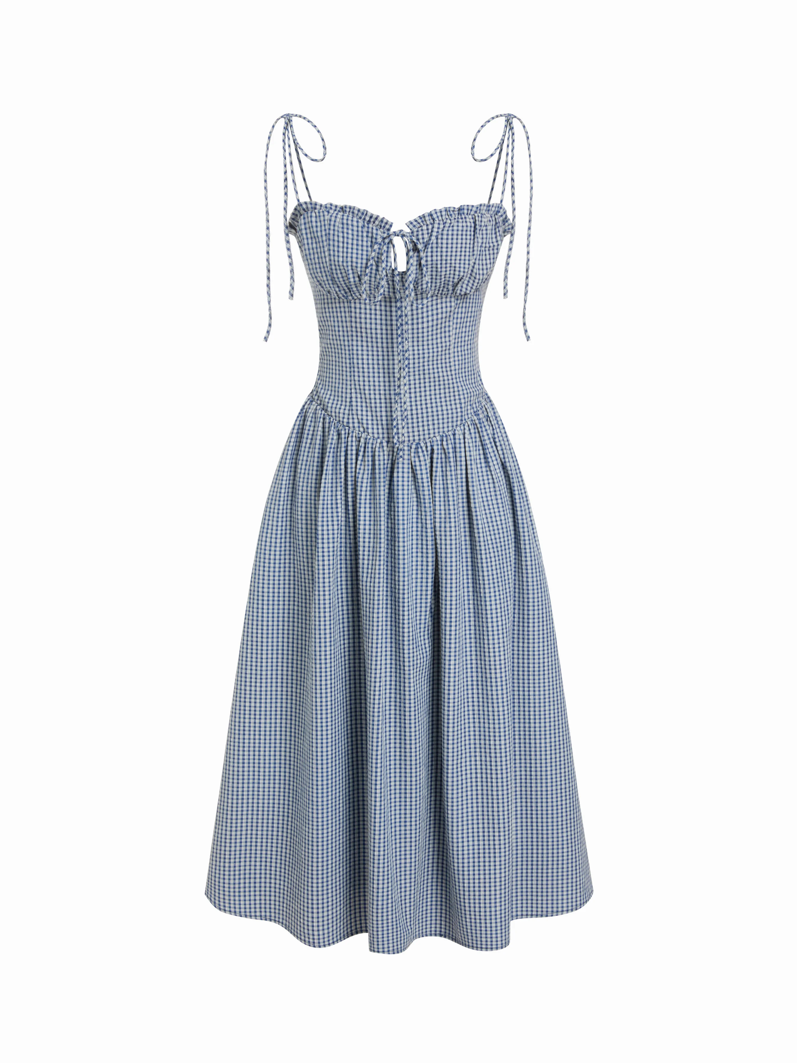 Cotton-blend Gingham Ruched Bowknot Strappy A-line Maxi Dress | Cider