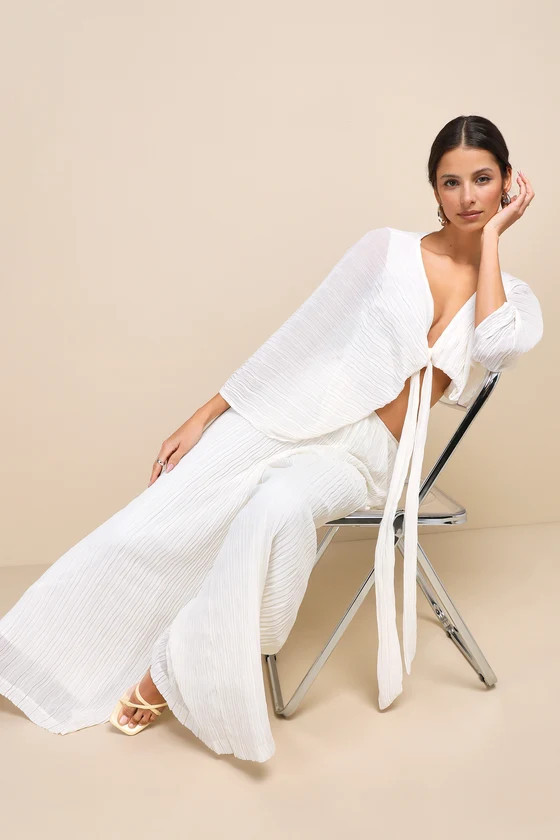 Pristine Presence Ivory Plisse High-Waisted Wide-Leg Pants | Lulus