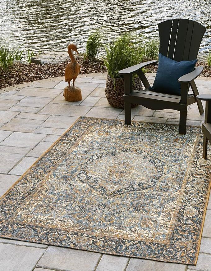 Unique Loom Outdoor Traditional Collection Area Rug - Nosara (2' x 3' Rectangle, Blue/ Light Blue... | Amazon (US)
