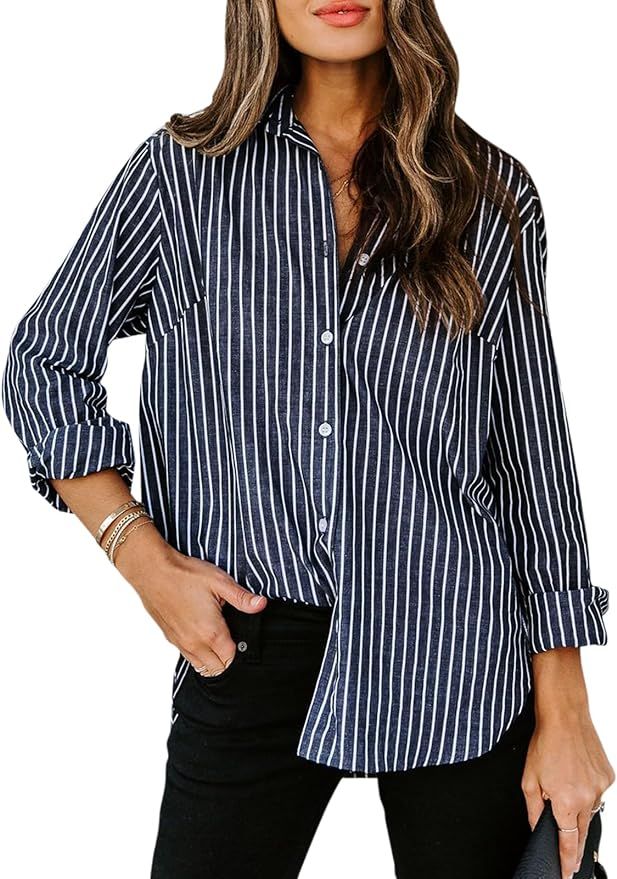 siliteelon Womens Button Down Shirts Cotton Striped Dress Shirt Long Sleeve Collared Office Work ... | Amazon (US)