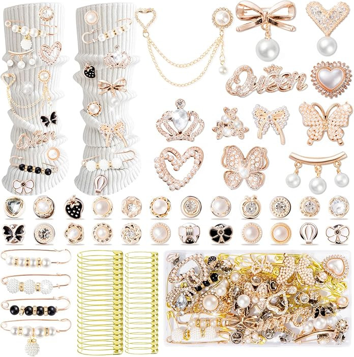 RQAYE 80pcs Junk Socks Charms Kit, Gold Brooches and Pins for Women,Pearl and Rhinestone Shoe Cha... | Amazon (US)