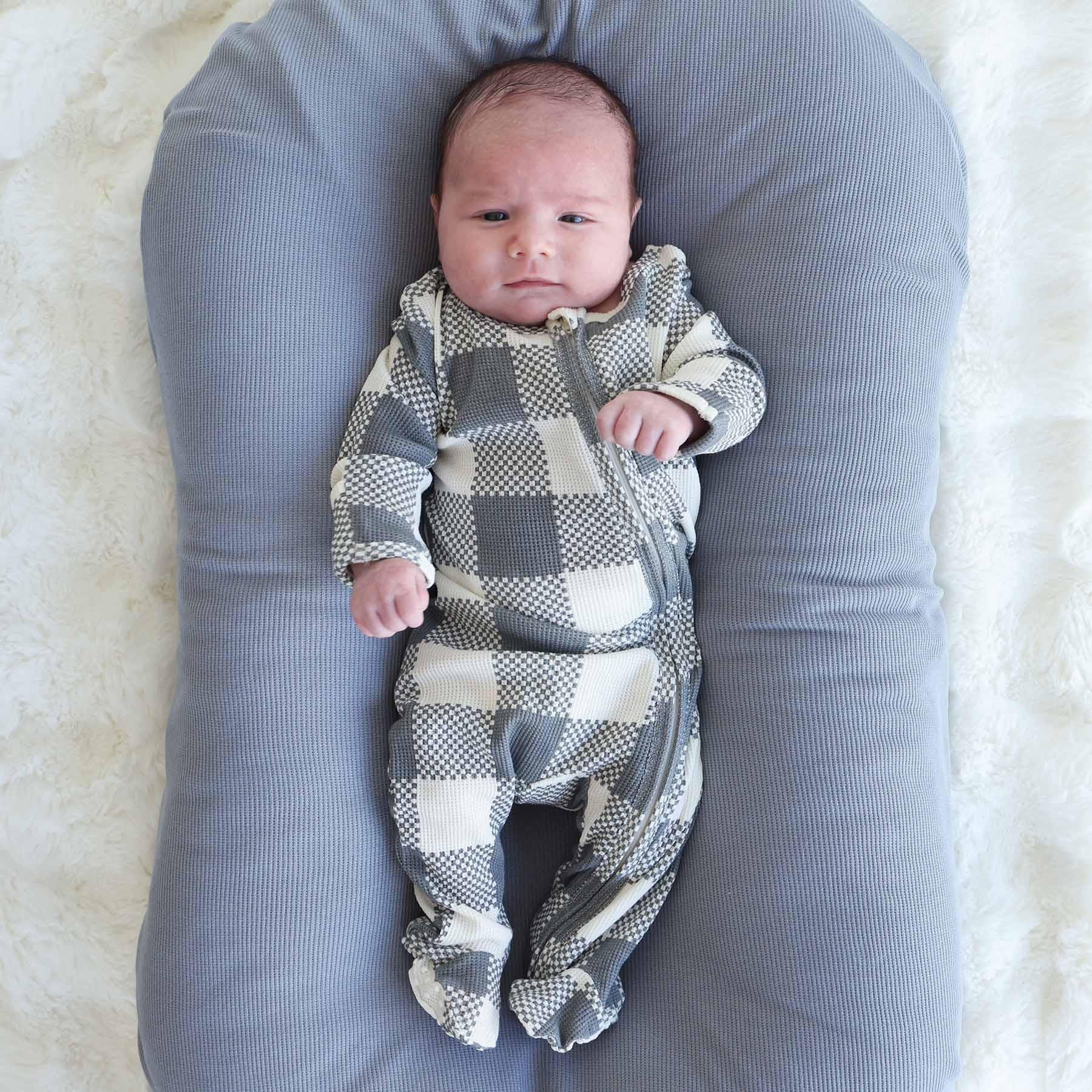 Big Check Waffle Bamboo Zipper Footie | Denim* | Caden Lane