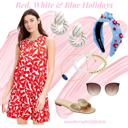 Red, White & Blue Outfit for all the Patriotic Holidays & Occasions. 

White Enamel Earrings & Blue Crochet with Red Flowers/Pearls Headband are BriannaCannon.com my discount code is: 10Anna 

Red Plumeria Ruched Flounce Swing Dress, Cobalt Blue Bracelet, Pearl Gold Bracelet, White Sunglasses & Jack Rogers Stud Flat Sandals

Spring Dress. Spring Outfit. Summer Outfit. Memorial Day. 4th of July. Loft. Kendra Scott. Target. 

#LTKSeasonal #LTKstyletip #LTKfindsunder100