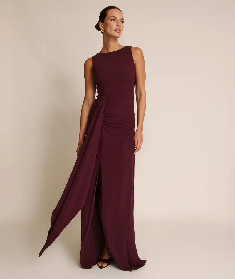 Drape Detail Stretch Sculpt Bridesmaid - Merlot | Six Stories
