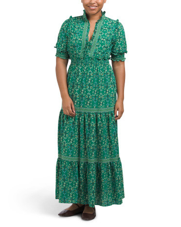 Crepe Smocked Short Sleeve Tiered Maxi Dress | TJ Maxx