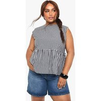 boohoo Women's Plus Gingham Tie Side Smock Top in Black | Size: 12 | Denim/Cotton | boohoo (US & Canada)