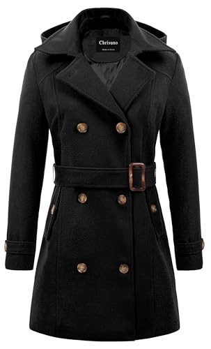 Chrisuno Womens Peacoats Double Breasted Belted Wool Blend Pea Coat Hood Black L | Amazon (US)