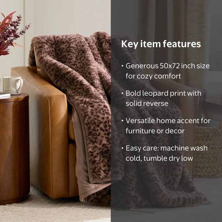 Better Homes & Gardens Brown Leopard Faux Fur Oversized Throw, 50 in x 72 in | Walmart (US)