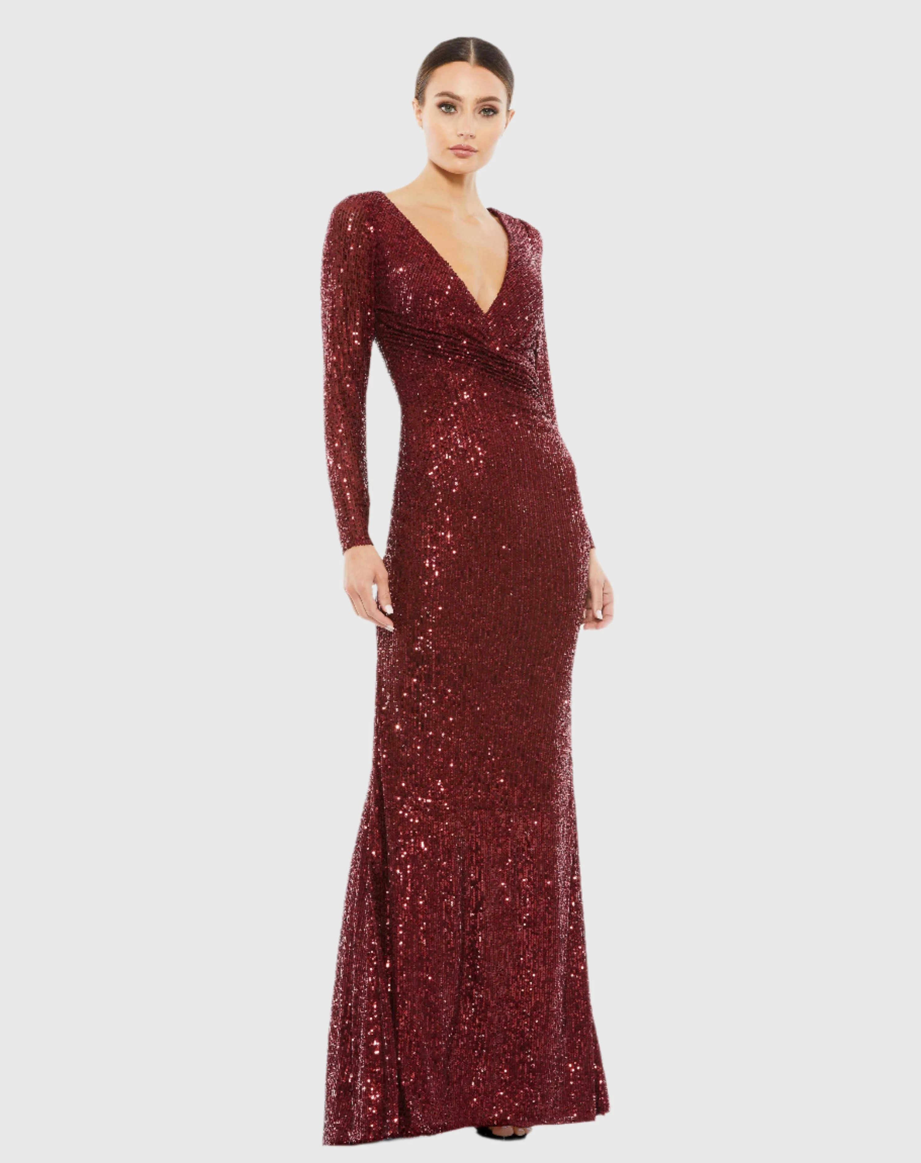 Red Sequined Faux Wrap Long Sleeve Column Gown | Mac Duggal