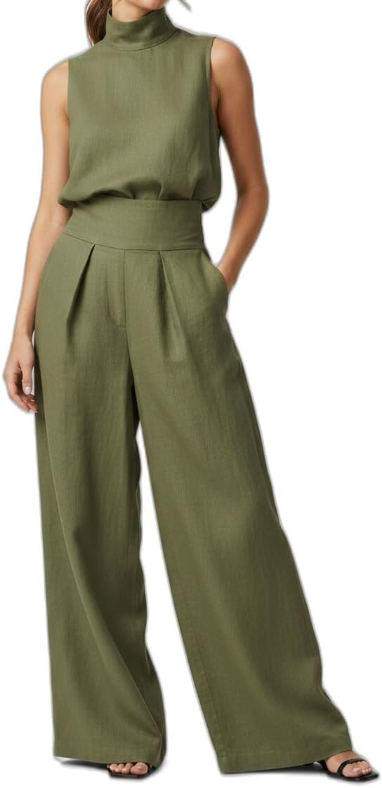 Women's Linen Blend Sleeveless Turtleneck Top & Wide Leg Pants 2 Piece Set High Waist Casual Outfit with Pockets | Amazon (US)