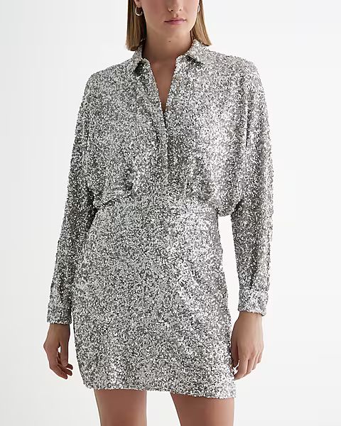 Sequin Half Button Up Mini Portofino Shirt Dress | Express