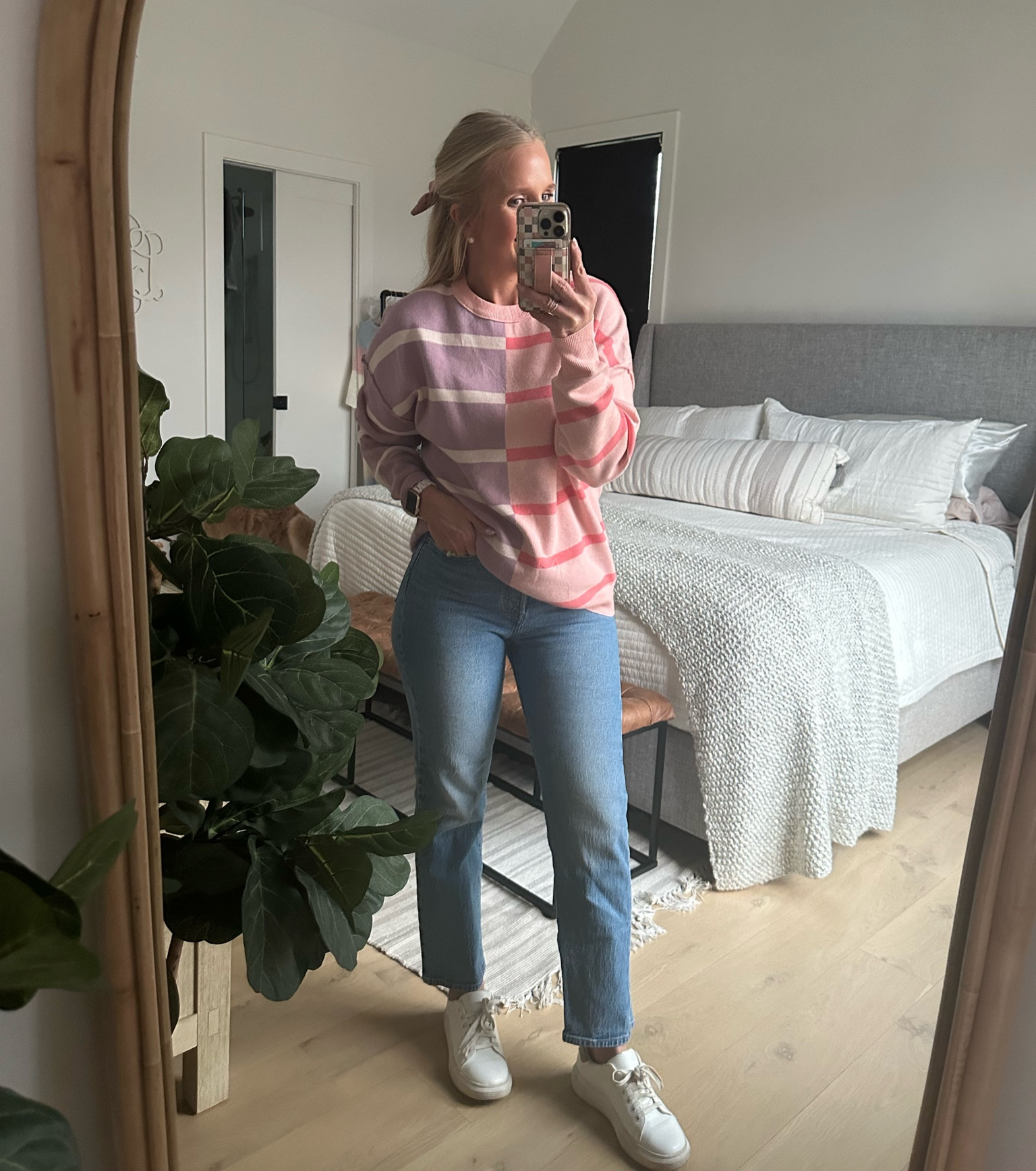 Amazon striped color block sweater  - size small. In a 27 in the Levi’s. Walmart white sneakers - so comfortable! 

Jeans denim Valentine’s Day spring 

#LTKsalealert #LTKfindsunder50 #LTKfindsunder100