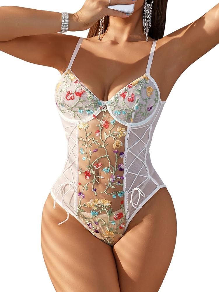 Lilosy Women Sexy Lace Up Floral Embroidered Teddy Lingerie Bodysuit Top Mesh Sheer One Piece | Amazon (US)