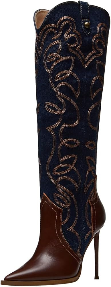 FSJ Women Western Knee High Boots Embroidery Pointed Toe Stiletto Heel Studded Pull On Thigh High... | Amazon (US)