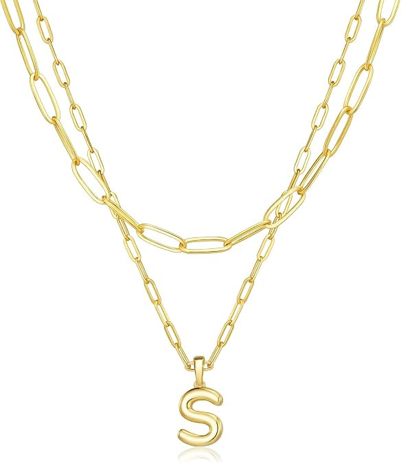 adoyi Bubble Letter Necklace Gold Balloon Initial Necklace for Women Trendy - 18K Gold Plated Lay... | Amazon (US)