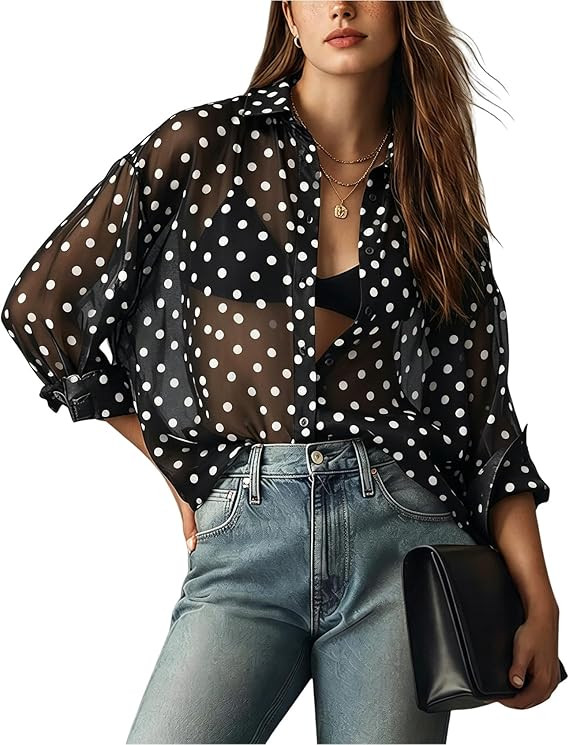 Wyeysyt Sheer Tops for Women Shiny Mesh Top Sheer Button Up Shirt See Through Sexy Long Sleeve Bl... | Amazon (US)