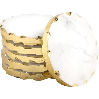 Set of 6 Real Marble Coasters with Golden Borders, decoratice White & Gold Coasters for Desk, Cof... | Amazon (US)