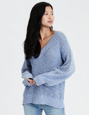 AE Pointelle V-Neck Oversized Sweater | American Eagle Outfitters (US & CA)
