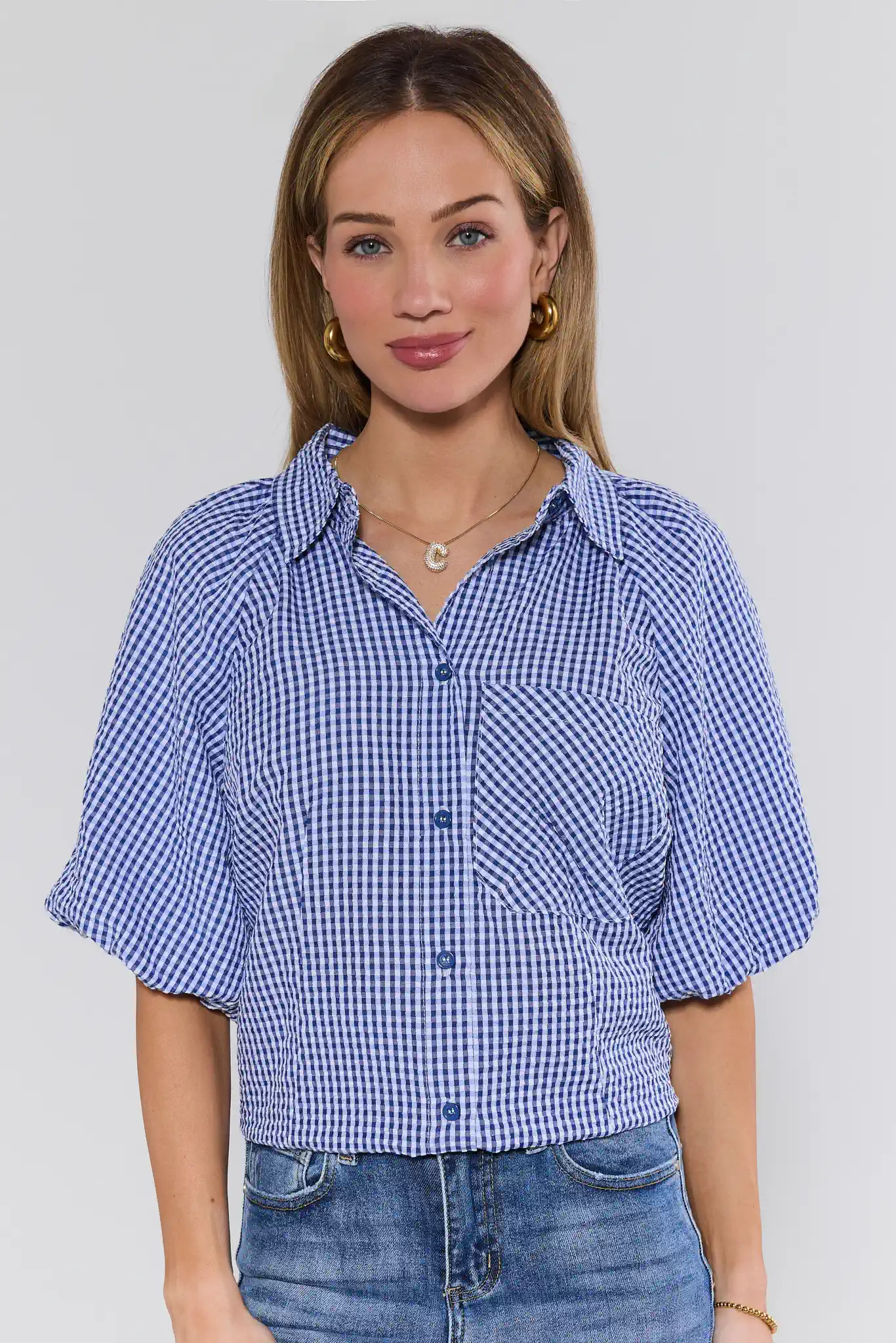 Ashton Navy Gingham Short Sleeve Top | Avara
