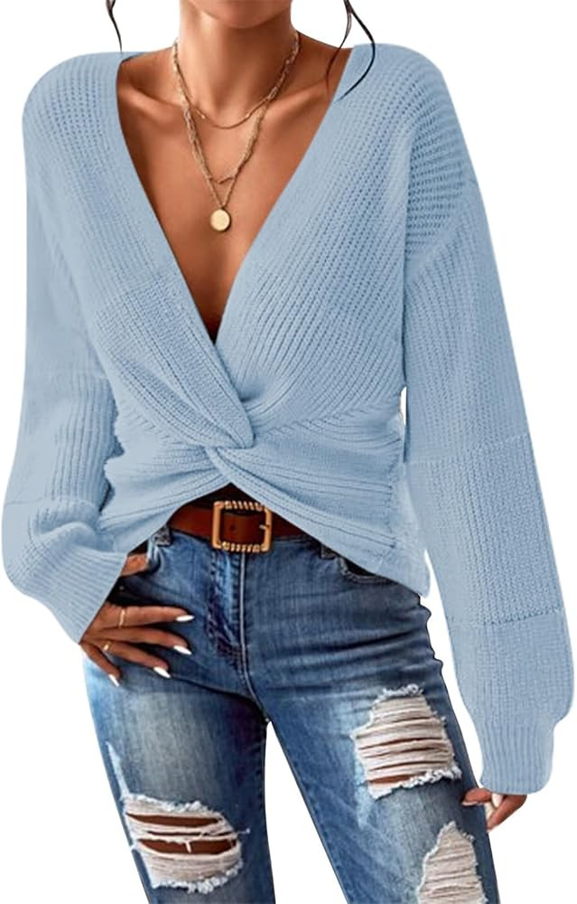 Pink Queen Women's 2025 Casual Pullover Sweaters Sexy V Neck Long Sleeve Twist Knot Cropped Knit ... | Amazon (US)