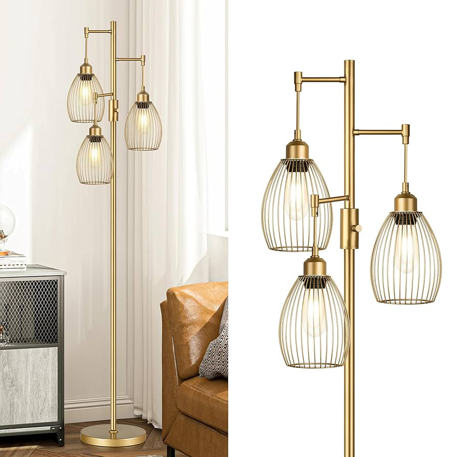 Dimmable Industrial Floor Lamps for Living Room, Gold Tree Standing Tall Lamps with 3 Elegant Tea... | Amazon (US)
