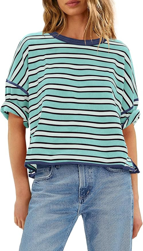 LAMISSCHE Womens Short Sleeve Tops Summer Striped Shirt Oversized Tshirts Boxy Tee Shirts Casual ... | Amazon (US)