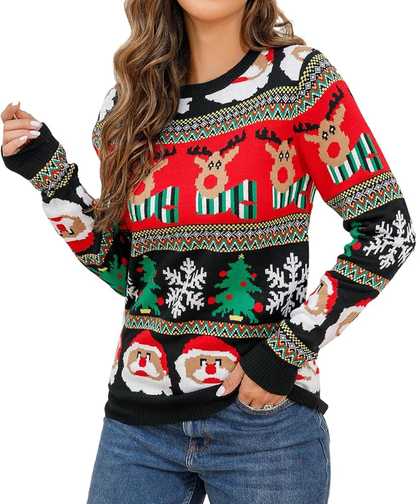 IFFEI Womens Ugly Christmas Sweater Novelty Print Crew Neck Sweater | Amazon (US)