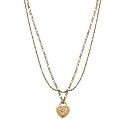 Kacie Puffed Heart Layered Necklace in Worn Gold | CANVAS