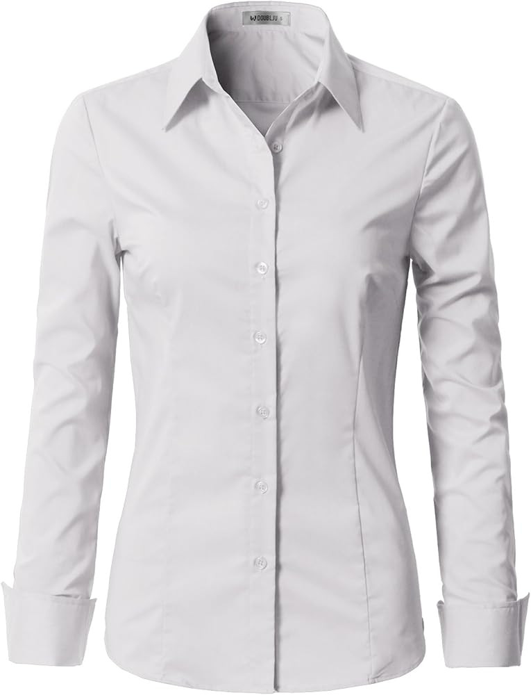 DOUBLJU Womens Basic Slim Fit y Cotton Button Down Shirts with Plus Size | Amazon (US)