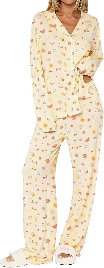 Dressmine Ladies Long Sleeve Cute Pajama Sets 2 Piece Fall Outfits Button Up Pjs Set Loungewear | Amazon (US)