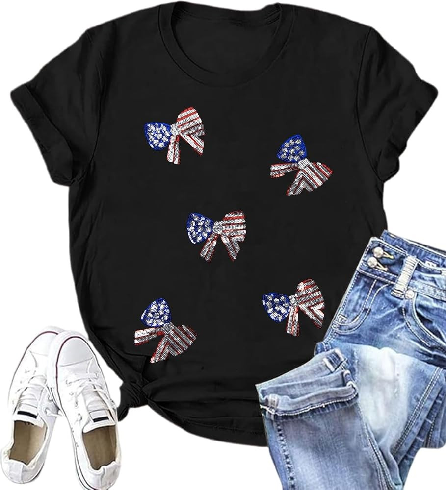 Sequin 4th of July Shirt Women American Flag Tshirt Sequin Fiework Bow Print Outfits Memorial Day... | Amazon (US)