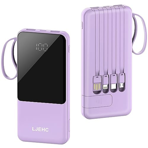Portable Charger with Built in Cables,10000mAh Slim USB C Power Bank,5 Output 3 Input LED Display High Speed External Battery Pack Travel Phone Charger for iPhone Samsung Pixel LG Moto iPad,Purple | Amazon (US)