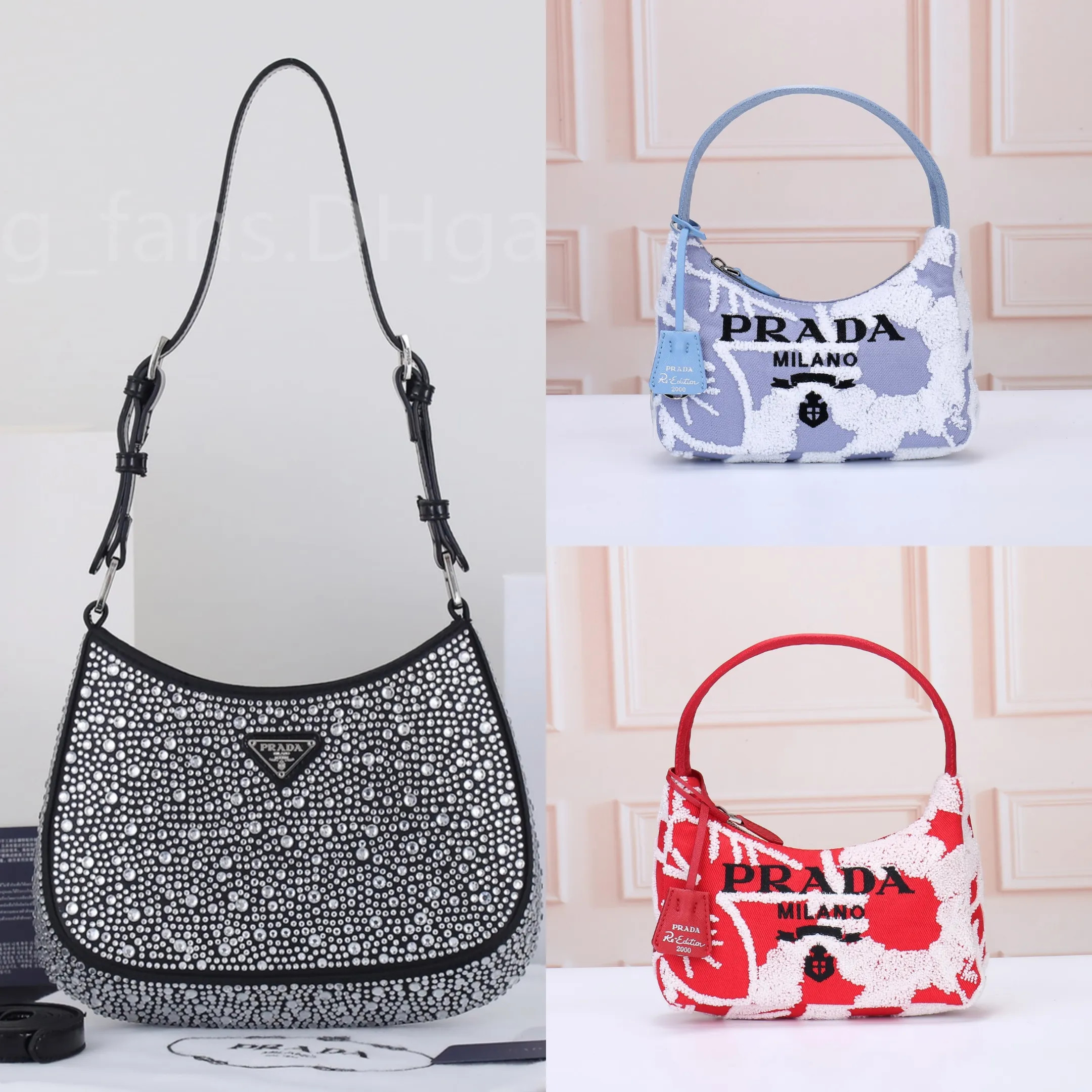 Pra-da Dupe Hobo Bags Color Embroidery Fashion Shoulder Bags with Diamonds Women Handbags 2Colors | DHGate