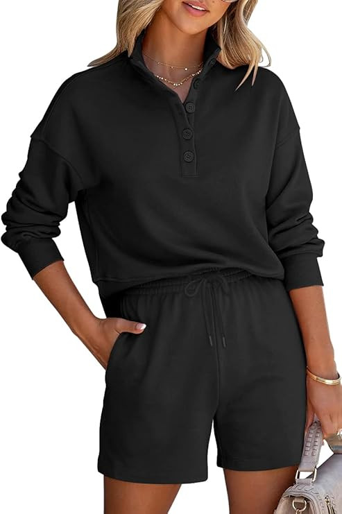 AUTOMET Women's Lounge Sets Two Piece Outfits Long Sleeve Shirts & Drawstring Shorts Tracksuit Sw... | Amazon (US)