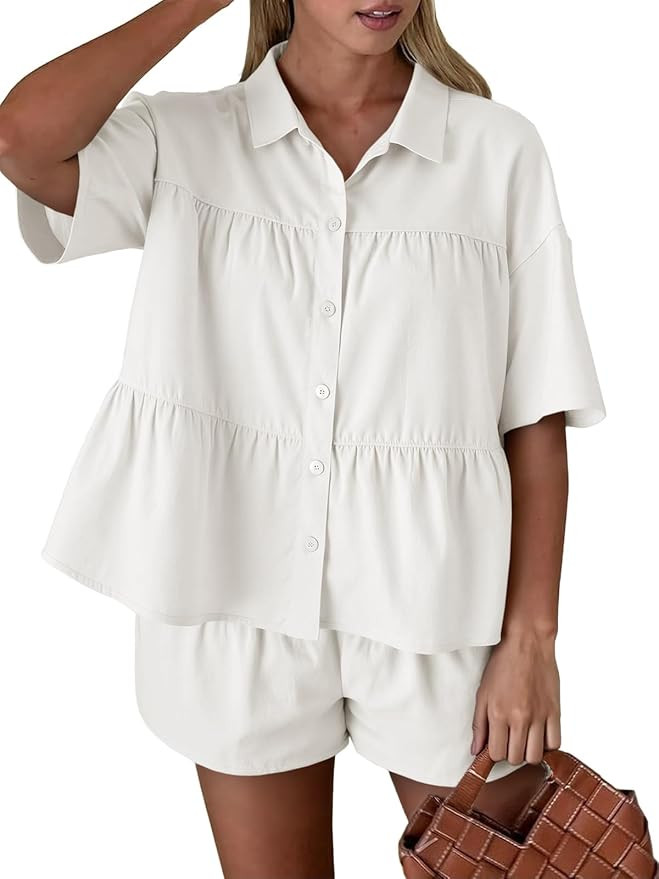 Cicy Bell Womens 2 Piece Outfits Summer Pleated Button Down Shirts High Waisted Shorts Lounge Set... | Amazon (US)