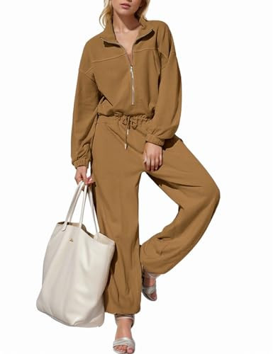 COZYPOIN Women's Jumpsuits Zip Up One Piece Hooded Sweatsuit Jumpsuit Long Pant Rompers Outfits Jumpers Onesie(Brown-S) | Amazon (US)