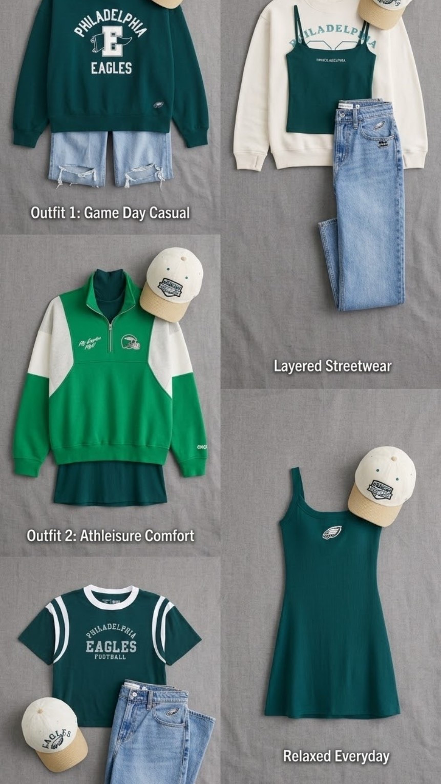Football season loading… 🦅💚 Head-to-toe Abercrombie outfit inspiration for every kind of game day vibe! Whether you're going for relaxed street style in high-waisted denim, cozy in a quarter-zip pullover, or effortless in a knit mini dress, these elevated fan gear looks have you covered from tailgates to stadium seats. 🏈✨ (made with AI)

Abercrombie Eagles collection⁠, ⁠Philadelphia Eagles outfit ideas⁠, ⁠Game day outfit inspiration⁠, ⁠Casual fan gear style⁠, ⁠Green and white street style⁠, ⁠Elevated athleisure looks⁠

#LTKmorningroutine #LTKSeasonal #LTKSaleAlert