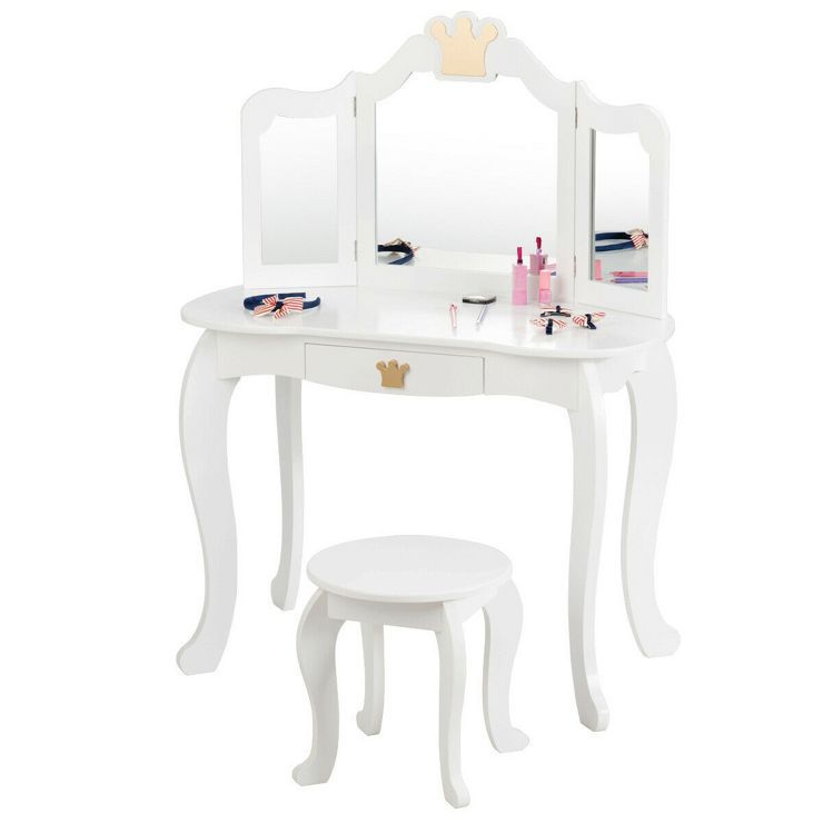 Costway Kids Makeup Dressing Table Chair Set Princess Vanity & Tri-folding Mirror | Target