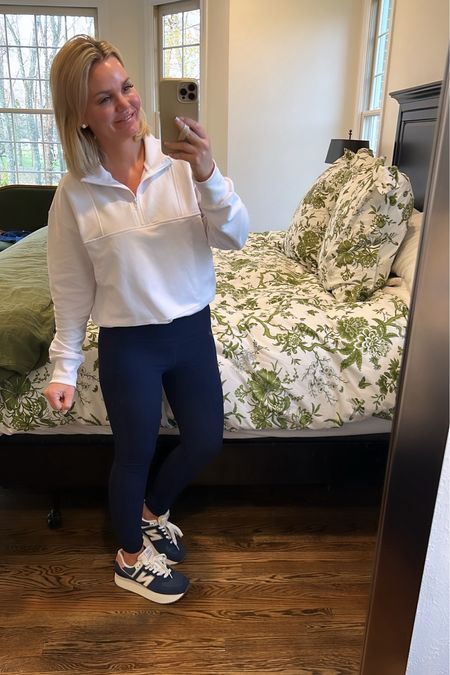 1/2 zip lightweight sweatshirt with my favorite leggings. Wearing a small in both. Sneakers size up 1/2 size. 

#LTKover40 #LTKstyletip #LTKshoecrush