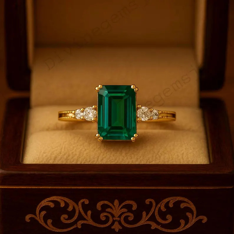 Accents 4 Round Cut Diamond Ring, Antique 6x8mm Emerald Cut Green Emerald Wedding Engagement Ring... | Etsy (Global)