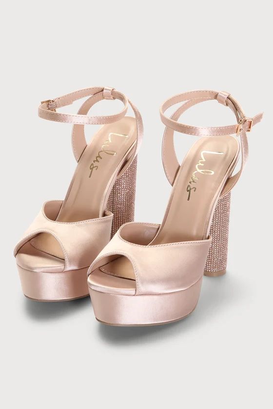 Kamila Rose Gold Satin Platform Rhinestone Ankle Strap Heels | Lulus (US)