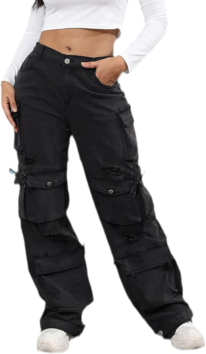 ThusFar Women's High Waist Baggy Jeans Flap Pocket Cargo Pants Loose Denim Pants Streetwear | Amazon (US)
