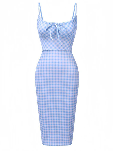 Blue 1960s Gingham Plaid Straps Pencil Dress | Retro Stage
