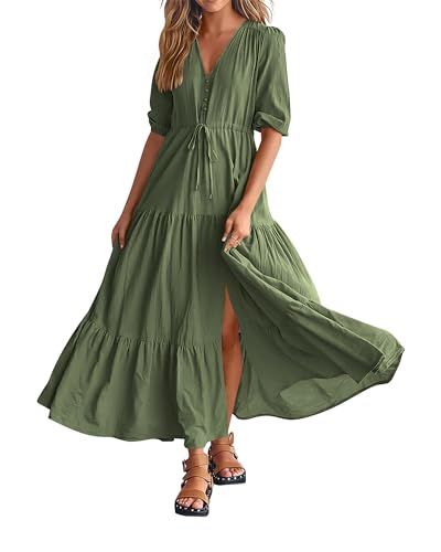 BTFBM Women Summer Dresses Short Sleeves V Neck Button Drawstring Maxi Dresses Solid Color Boho L... | Amazon (US)