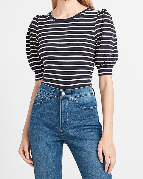 Striped Puff Sleeve Ribbed Crew Neck Tee | Express