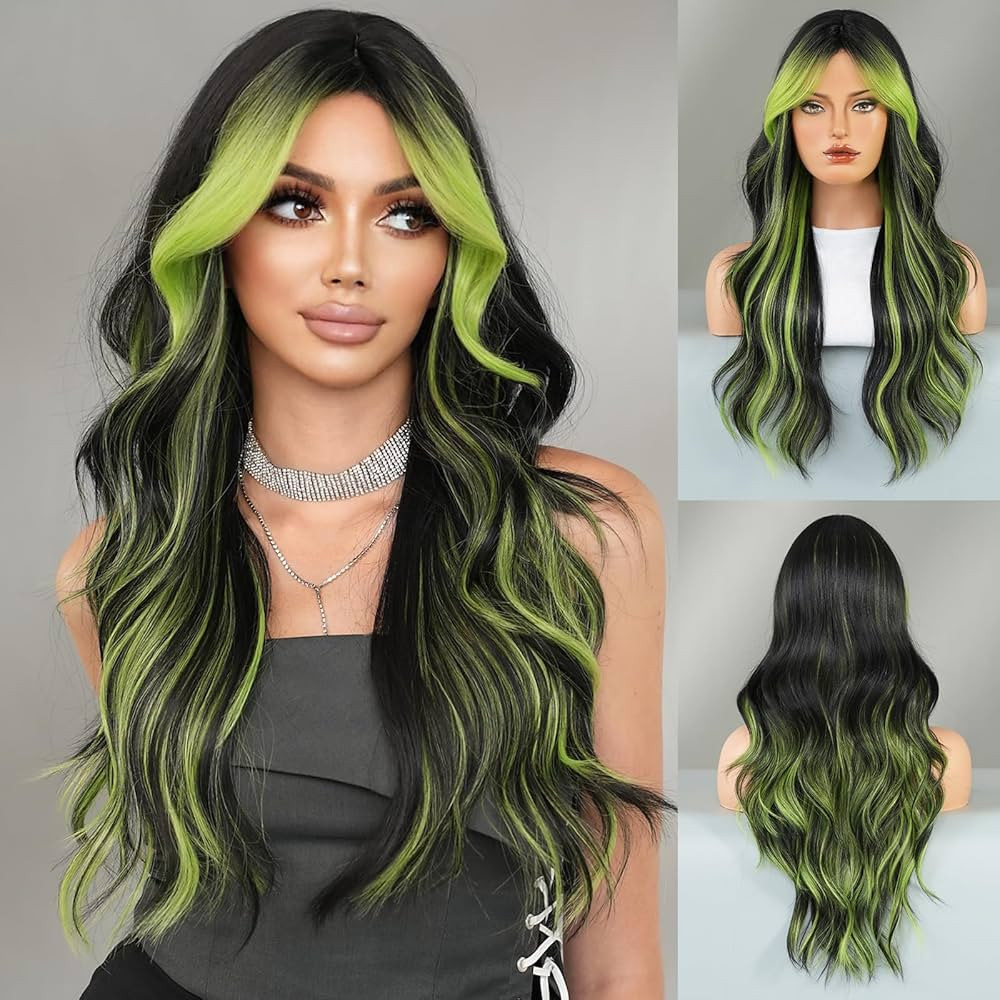 Black Wig Green Highlight Long Wavy Wig with Curtain Bang 26 Inch Ombre Black Green Wig Synthetic... | Amazon (US)