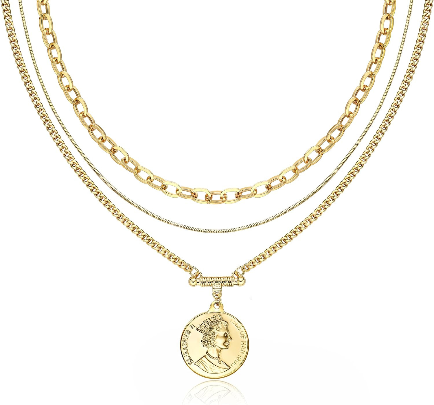 ACC PLANET Gold Layered Necklace for Women, 14K Gold Plated Coin Cross Pendant Necklace Chunky Chain | Amazon (US)